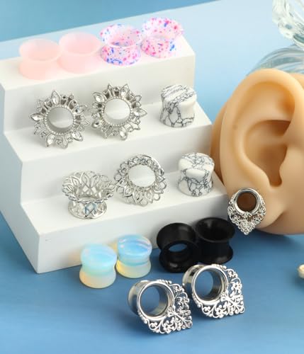 TIANCI FBYJS 8 Pairs Stainless steel Ear Tunnels Earrings Silicone Gauges Plugs For Ear Brass Hollow Plugs and Tunnels Glass Piercings Stretcher Kit 2g 00g 5/83