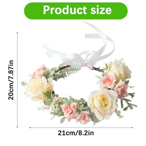 Geoyien Blumenkranz Haare, Blumenhaarkranz, Verstellbares Blumenkranz-Stirnband, Krone, Blumengirlande, Blumenkrone, Rosenblüten-Stirnband, Hochzeit, Boho-Blume mit Band für Frauen und Mädchen,1 Stück