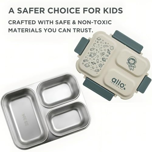 Image of Allo Bento Stainless Steel Lunch Box for Kids- BIS Approved, 304 Stainless Steel 3 Compartment Leakproof Tiffin Box for Boys and Girls for School, Travelling, Baby Snacks, 740ml Green Space