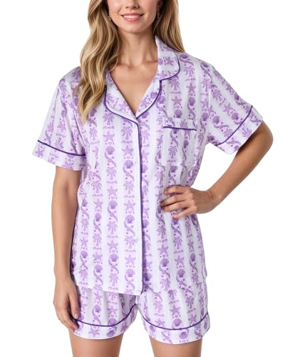 Pajamas for Womens Set Summer 2 Pece Pjs Matching Shorts Set Loungewear Palm Sleepwear for Beach Vacation Holiday Purple