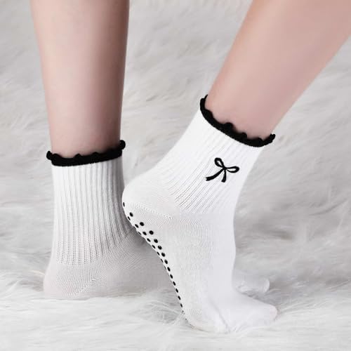 Image of Jeyiour Summer Cute Pilates Socks Women Bow Nonslip Ruffle Yoga Socks with Grip Barre Pilates Gift for Work Dance Fitness