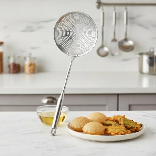 Image of Stainless Steel Oil Skimmer Jhara for Deep Frying | Heavy Duty Puri Pakora Frying Strainer | Long Handle Oil Drain Spoon | Rust Free Kitchen Skimmer