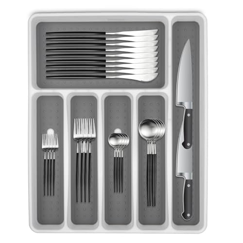 Organizador de Cubiertos, Porta Cubiertos de Cocina de 6 Compartimentos, Bandeja para Cubiertos de Antideslizante, Separador de Cubiertos para Cajon, Adecuado para Tenedores,...