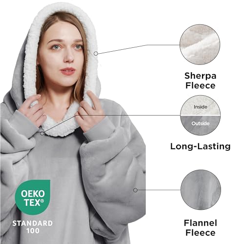 Bedsure Wearable Blanket Hoodie with Sleeves - Sherpa Hooded Blanket Adult as Gifts for Girlfriend Women Mom, Winter Sweatshirt Blanket Small Grey - Image 3