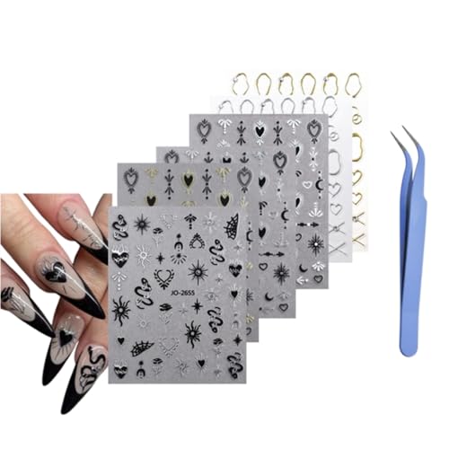 6 Blatt 3D Gold Silber Nail Art Sticker Nagelsticker Selbstklebend Nagel Stickers Stern Mond Sonne Nagelaufkleber Halloween Weihnachten Nagelkunst Dekoration (6 Blatt 3D Gold Silber Nail Art Sticker)