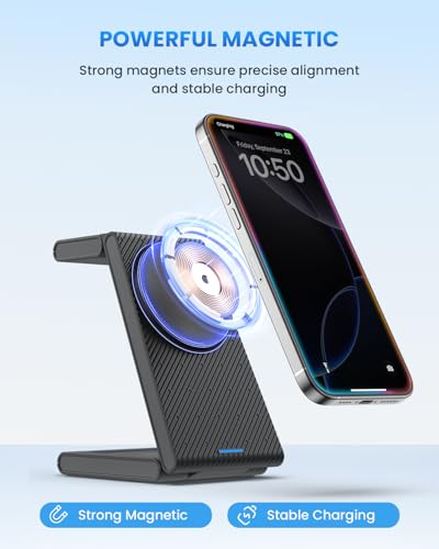 Image of Wireless Charger Magnetic for Apple Devices - JoyGeek 3 in 1 Foldable Charging Station for Magsafe Compatible with iPhone 16 15 14 13 12 Pro Max Plus, Apple Watch 10 9 8 7 6 5 4 SE, AirPods 4 /3 /2 /Pro