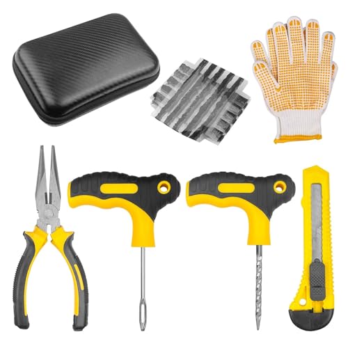 Crynvor 9 Piezas Kit Antipinchazos Coche, Kit Repara Pinchazos Coche con 20 Mechas, Kit Reparacion Neumaticos, Kit de Parche de Neumáticos Portátil para Automóviles, Motocicletas, Camiones, ATV