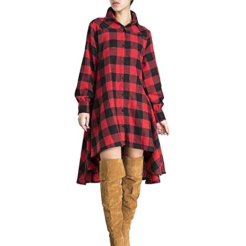 TYTUOO Camisa de vestir suelta de lino y algodón con solapa a cuadros para mujer, manga larga, longitud media, lindos trajes de verano para mujer (vino, L)