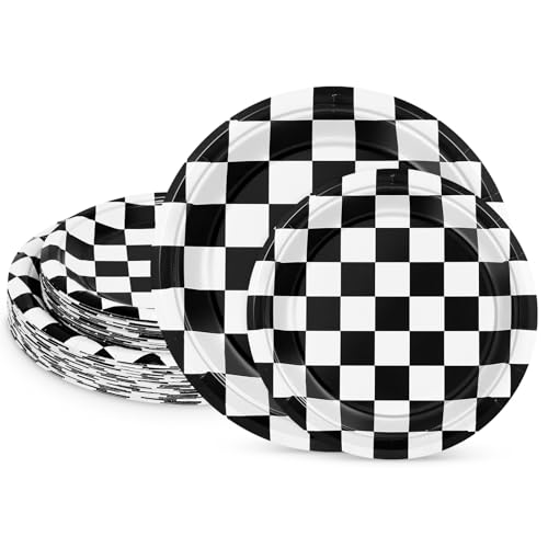 LIKAJON 50 Pcs Black and White Checkered Paper Plates, 25 Pcs 9 Inch and 25 Pcs 7 Inch Disposable Halloween Black Checkered Flag Plates for Baby Shower, Birthday, Graduation, Picnic, BBQ, Party LIKAJON 50 Pcs Black and White Checkered Paper Plates, 25 Pcs 9 Inch and 25 Pcs 7 Inch Disposable Halloween Black Checkered Flag Plates for Baby Shower, Birthday, Graduation, Picnic, BBQ, Party