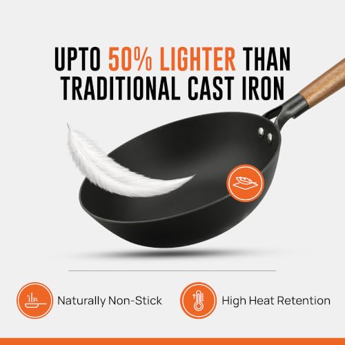Image of KROSLO Lightweight Cast Iron Wok Pan 24 cm | 100% Non-Toxic | Naturally Non Stick | Rust Resistant | Metal Spatula Friendly | Baby Food Safe