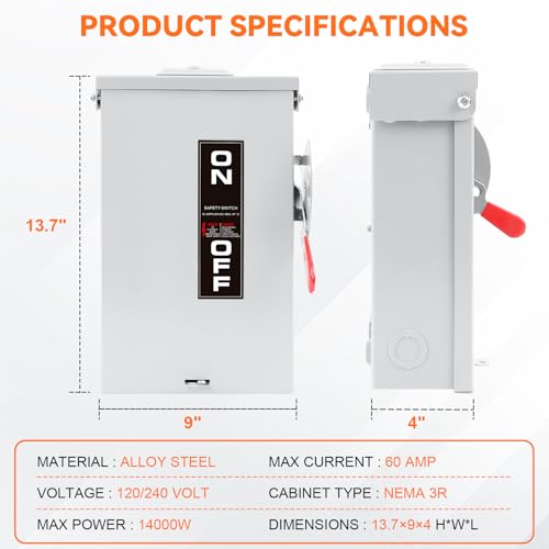 60 Amp Disconnect Switch Box,2P Safety Switch,Non-Fusible,Indoor&Outdoor,Meeting NEMA 3R Standards,Galvanized Steel,Anti Corrosion and Rust Prevention,10-Year Warranty