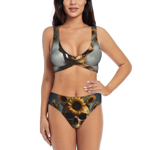 Maillot de bain 2 pièces imprimé tête de mort et tournesol pour femme