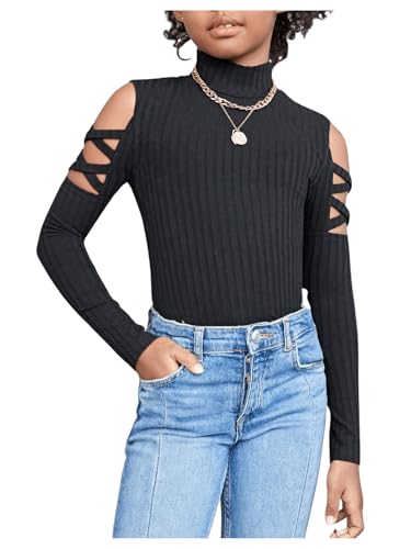 SweatyRocks Girl's Mock Neck Long Sleeve Ribbed Knit Top Criss Cross Cut Out Tee Shirt