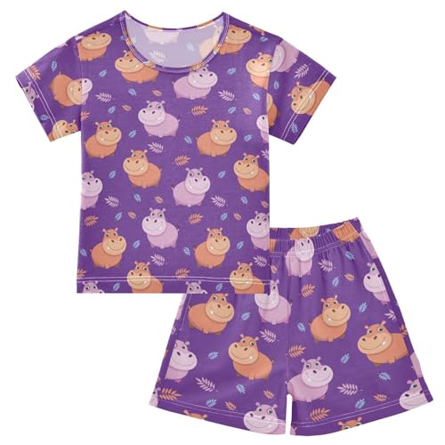 Pajama Short Sets Cute Hippo Purple Soft Cotton Summer Sleepwear 2 Piece PJS Size 5-14T