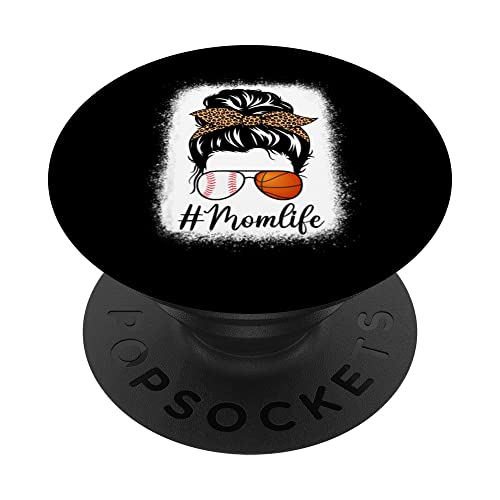 Baseball And Basketball Mom Life Messy Chignon Imprimé léopard PopSockets PopGrip Interchangeable
