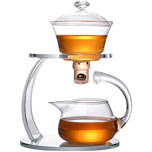 MOZEO Glass Teapot Set Semi Automatic Drip Rotating with Infuser Lazy Kungfu Tea pot Set Heat Resistant Tea Set (Teapot Single)