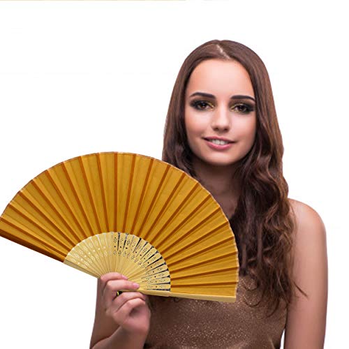 Image of Fabric Folding Hand Fan with Tassel - Grade A Bamboo Ribs for Women (Dark Gold Yellow)