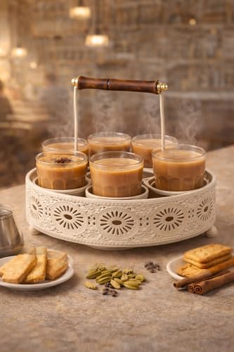 Image of Tapri Style Cutting Chai Glass Set of 6 with Heavy Metal Stand | Desi Cutting Tea Glasses for Home & Cafe | Premium Tapri Tea Cups for Kitchen, Office Pantry, Restaurants & Gifting