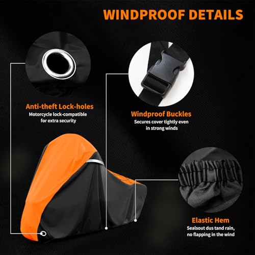 Image of COVERVIN Motorcycle Cover for Harley Davidson Touring Road King Road Glide Electra Glide Street Glide Low Rider-ST Heritage Classic HD Goldwing, All Weather Waterproof Cruiser Cover, Black&Orange