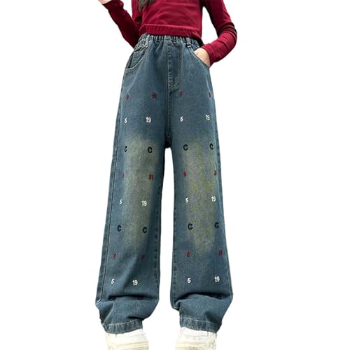 Girls Prints Jeans Cute Letter Graphic Elastic Waist Straight Baggy Wide Leg Denim Pants Teens Casuall Trousers