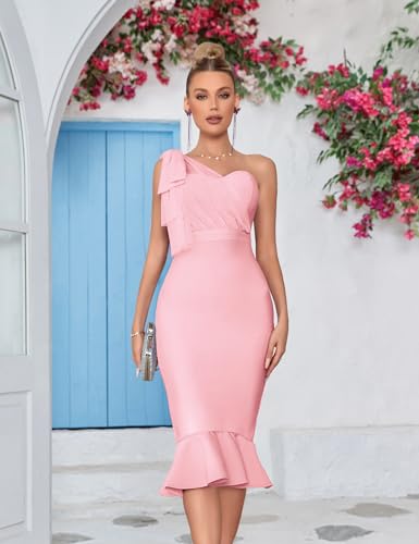 Image of Mesh One Shoulder Bow Midi Dress Fishtail Bandage Cocktail Party Wedding Bridesmaid Evening Gown