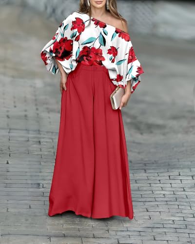 Image of CHICME Women Summer 2 Piece Outfits Off Shoulder Top Flowy Wide Leg Pants Set Vacation Travel Airport Outfits