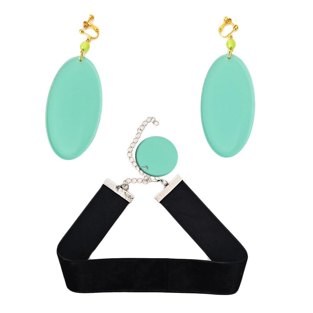 JCvCX Momo Ayase Cosplay Ear Clips Green Circular Earrings Choker Cloth Necklace Adult Unisex for Party Halloween Cosplay Comic Convetion