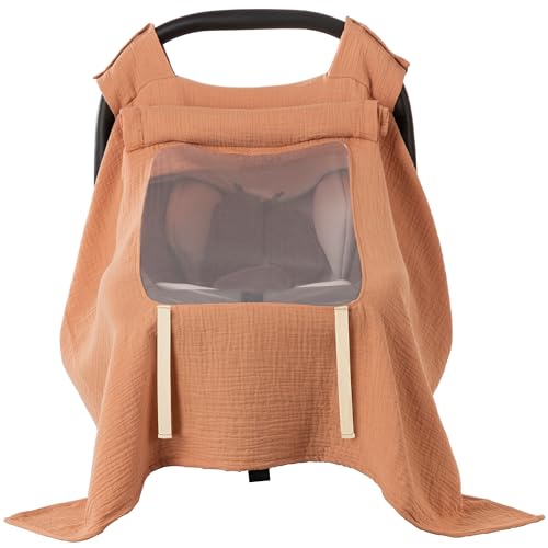 Image of HBselect Baby Car Seat Cover with Breathable Peek Window Muslin Cover, Kick-Proof, Windproof - Ideal for Boys and Girls Great Newborn Shower GiftEasy Storage Pouch Included(Taupe)