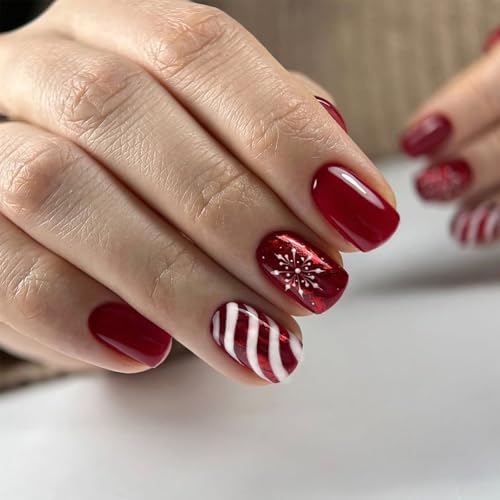 Christmas Snowflake Press on Nails Glossy Red Curve Line Acrylic ...