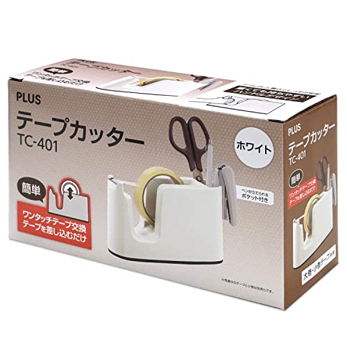 Coupe-ruban adhésif Plus TC-401 blanc avec porte-stylo intégré pour bureau