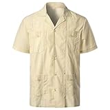 NP Collar de campamento cubano tradicional para hombre Guayabera de manga corta bordado caribeño, beige, XL