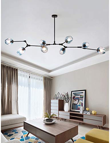 Gweat Gradient Blue Glass Shade Chandelier, Black Chandelier Para Dormitorio, Sala De Estar, Estudio, Café, Etc. (E27x8)