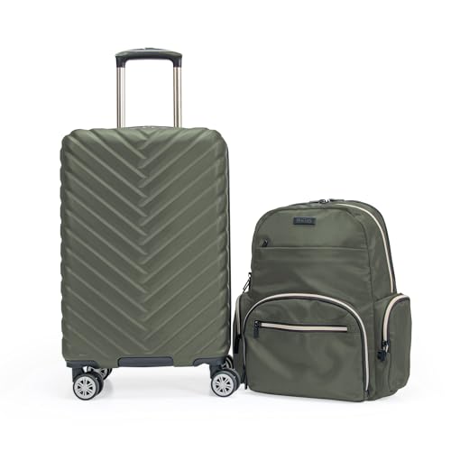 Image of Kenneth Cole REACTION Madison Square Lightweight Hardside Chevron Expandable Spinner Luggage, Olive, 2-Piece (20 inch Carry On + Sophie Backpack), Kenneth Cole Reaction Women's Madison Square Hardside