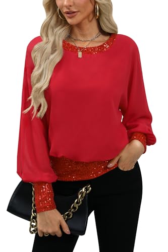 For G and PL Lady Dressy Long Sleeve Shirt Christmas Sparkly Elegant Glitzy Sequin Wedding Party Evening Formal Beaded Glitter Red M