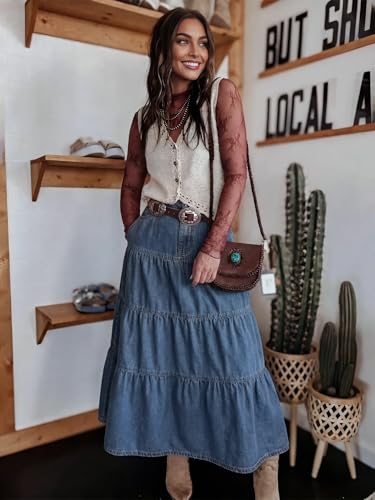 WINHORSE Womens Long Denim Skirt Tiered High Elastic Waist Jean Maxi Skirts, Blue, L — view 4