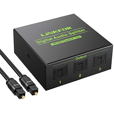 LiNKFOR Optical Audio Splitter 1x3 SPDIF Toslink Optical Splitter with 1PCS Optical Cable Aluminum Alloy 1 IN 3 OUT Support LPCM 2.0 DTS Dolby-AC3 Compatible with PS3 DVD HDTV STB Etc Cover