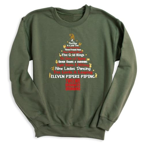 12 Days of Christmas Carol Sweatshirt, Hoodie, Christmas Song Design, Funny Letter Print Christmas Tree Top, Christmas Themed Colorful Printed Sweaters