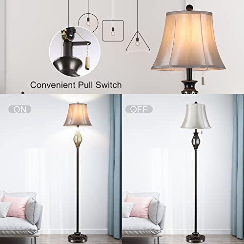 Linnmon Floor Lamp, Corner Standing Lamp, Vintage Pole Lamp With Light Golden Fabric Shade, Rustic Tall Stand Up Lamp For Living Room, Bedroom, Office, Bright Floor Lamp With Pull Switch (Traditional) #TOP2