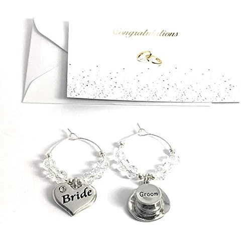 Libby's Market Place Bride and Groom Top Hat Wine Glass Charms Set with White Gift Bag and Gift Card Cover