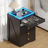 Lvifur LED Nightstand with 3 Drawers, Glass Top Bedside Table with Wireless Charging Station, Modern Night Stand with Auto Sensor, Bedroom Smart End Table (Black)