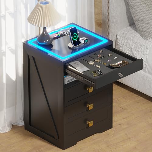 Lvifur Farmhouse Nightstand with Gun Drawer, Human Sensor LED Bedside Table with LED Lights & Charging Station, Rustic Wood Sofa Side End Table with 3 Drawers for Bedroom (Black)