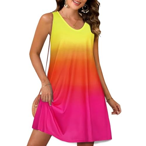 CHICGAL Womens Summer Dresses Casual Sleeveless Loose T Shirt V Neck Sundress Swing Beach Cover Up with Pockets Small Yellow Rose Red