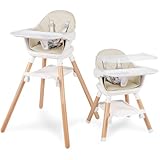 6 in 1 Baby High Chair, Convertible Wooden High Chairs/Booster Seat for Babies and Toddlers, Baby Feeding Chair with 5-Point Harness/Double Removable Tray & Adjustable Footrest (Beige)