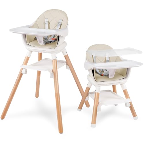 Image of 6 in 1 Baby High Chair, Convertible Wooden High Chairs/Booster Seat for Babies and Toddlers, Baby Feeding Chair with 5-Point Harness/Double Removable Tray & Adjustable Footrest (Beige)