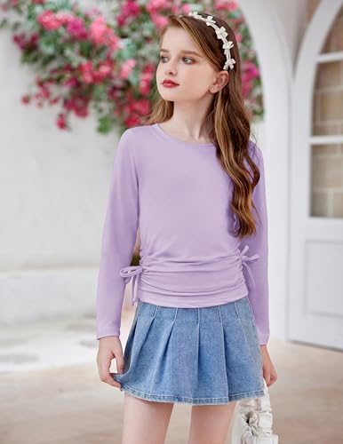 Image of Arshiner Girls Long Sleeve Shirts Ruched Knot Side Tunic Blouse Tee Tops