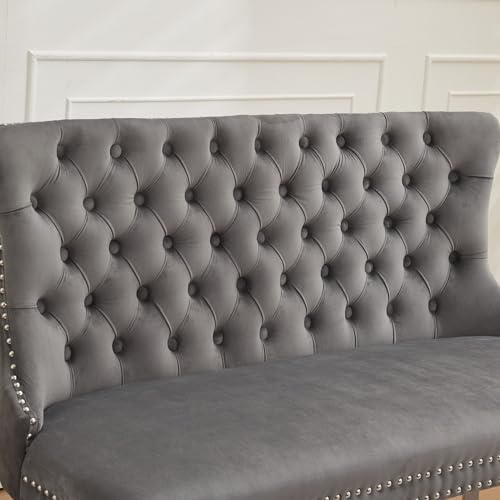 Image of 45.6''Velvet Dining Bench, Button Tufted Upholstered Dining Table Bench with Wing Highback, Nailhead Decoration, Small Loveseat Sofa with Silver Stainless Steel Legs, Mid Century Modern Seating, Grey