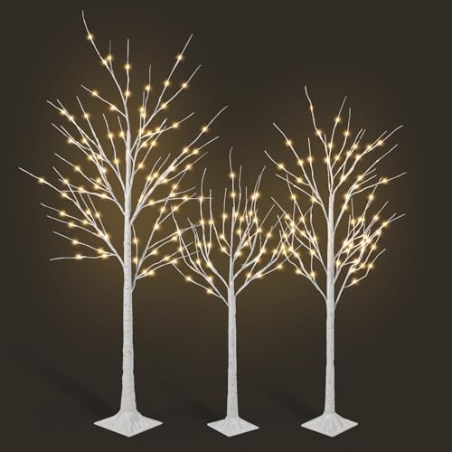 3 Pack Lighted Birch Tree, 4FT+5FT+6FT LED Birch Tree with Fairy Lights, Warm White Christmas Decorations for Home Bedroom Party Wedding Holiday Room Indoor Outdoor Decor