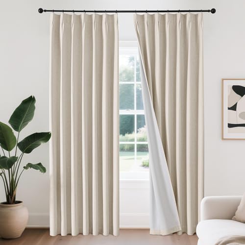 Joydeco Pinch Pleated Linen Curtains Darkening Drapes for Bedroom, 100% Blackout Drapes 96 inches Long 2 Panels Heat Blocking Curtains(Ecru,40'' Wx96'' L)