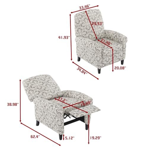 Image of Printed Linen Fabric Manual Recliner Chair with Rolled Armrest,Gray