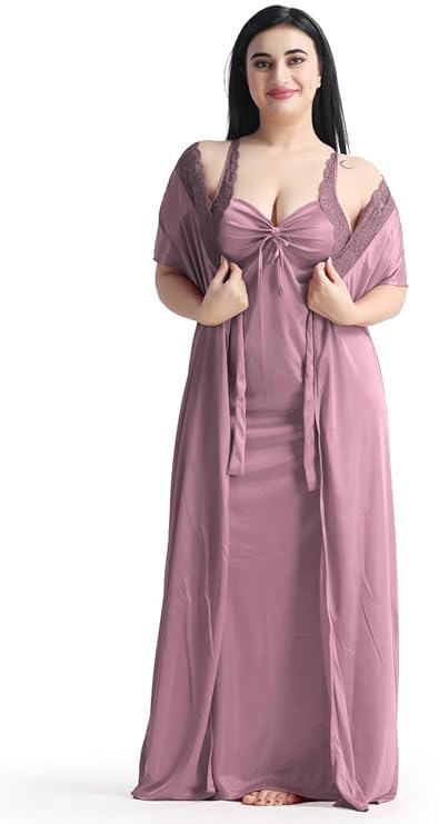 Image of Satin 6 Piece Nightwear Set, Coral Pink Lace Trim Sleepwear with Robe, Nighty, Top, Shorts, Lingerie Set for Women, Summer Collection-Mehndi Green.